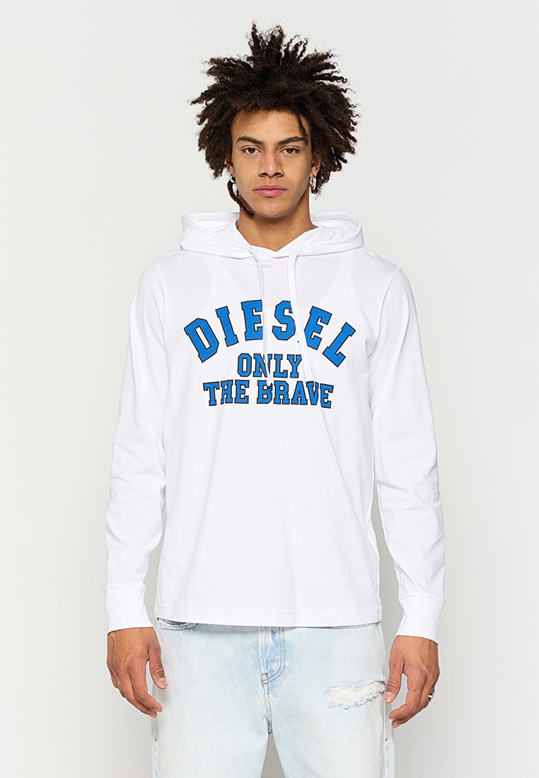 Weißer Hoodie mit langen Ärmeln und einem Frontprint in blauer Schrift mit der Aufschrift "DIESEL ONLY THE BRAVE." Verfügt über eine kapuzenverstellbare Schnur und einen lässigen Schnitt.