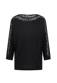 T-shirt noir �à manches 3/4, présentant un tissu en dentelle transparent sur les épaules et le col, texture lisse et coupe décontractée.