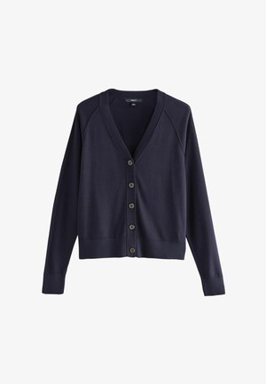 Granatowy kardigan z dekoltem w serek i długimi rękawami, prezentujący rząd sześciu guzików oraz ściągacz na dole. Wykonany z miękkiego, lekkiego materiału.