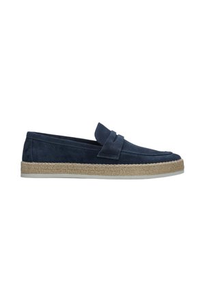 Navy-Suede Slipper mit einer gewebten Jute-Sohle, ausgestattet mit einem breiten Akzentriemen über dem Spann. Leichtgewichtiges und lässiges Design.