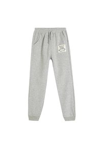 Grå sweatpants med elastisk talje, snoretræk, sidelommer og et lille mærke med tekst på venstre lår. Blød stofstruktur.