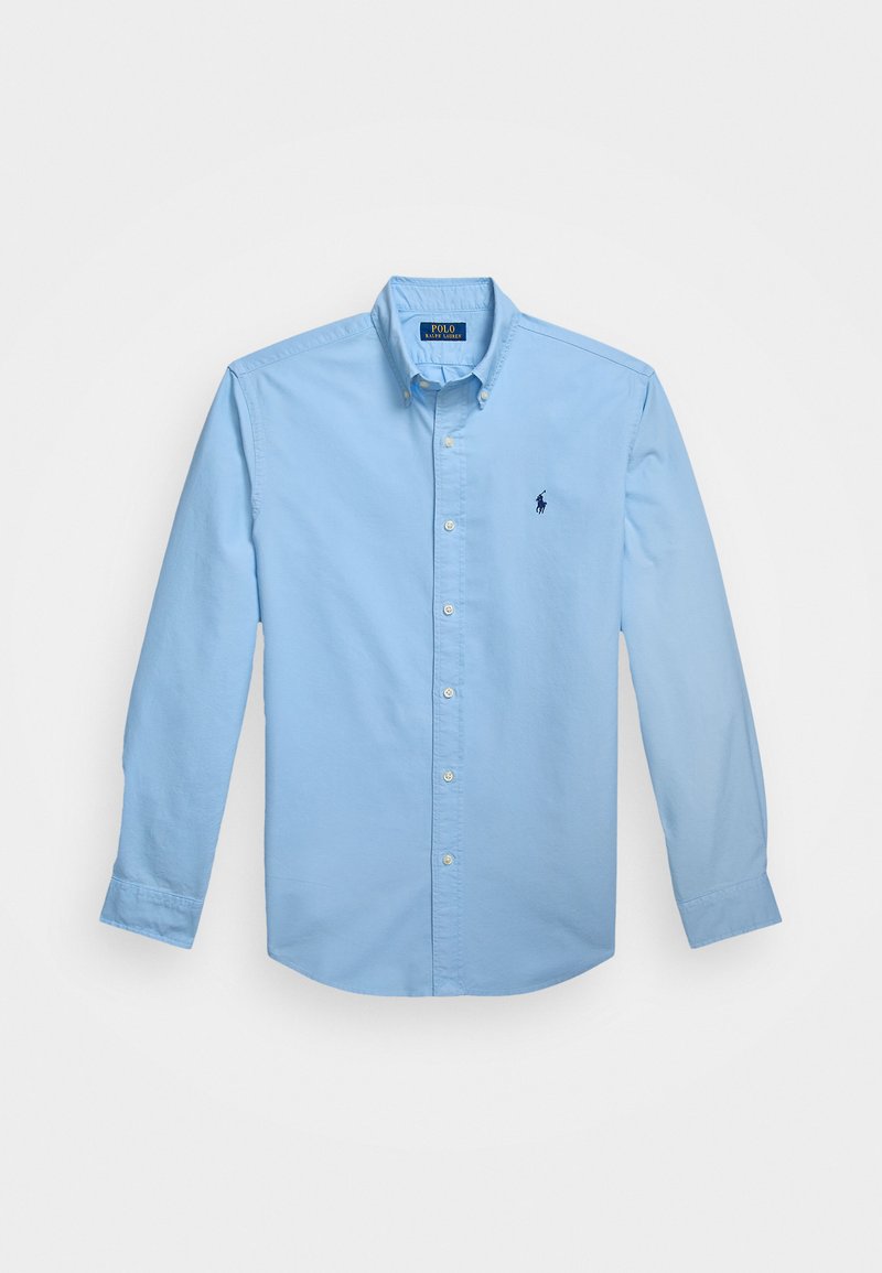 Lichtblauwe langemouw overhemd met knopen en een kraag, voorzien van een klein marineblauw logo op de borst, gemaakt van gladde katoen.