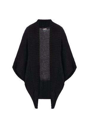 Black knit cardigan with wide sleeves, ribbed texture, and an open front. The interior features a lighter, woven pattern.