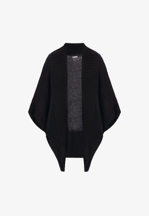 Black knit cardigan with wide sleeves, ribbed texture, and an open front. The interior features a lighter, woven pattern.
