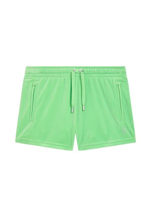 Shorts verts en tissu doux, avec une taille à cordon, deux poches latérales zippées, et un petit logo sur le côté inférieur.