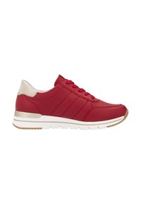 Red athletic shoe with a smooth leather upper, perforated detailing, white midsole, and a light-colored heel accent. Laces are red.