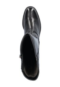 Zwarte leren enkelboot met een soepele textuur, ronde neus en binnenrits. Klassiek ontwerp, volledig gevoerd interieur voor comfort.