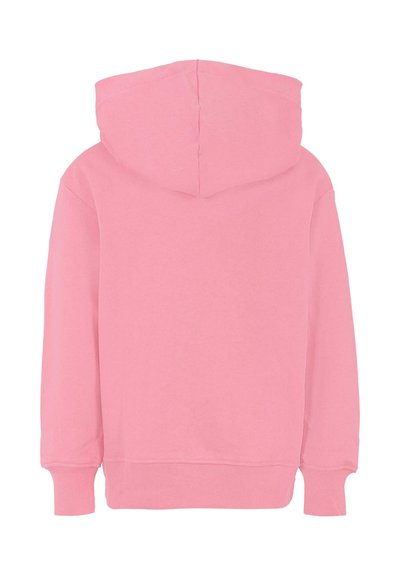 Felpa rosa con tasca a marsupio, maniche lunghe e cappuccio spazioso. Realizzata in un tessuto morbido con una texture liscia. Colore semplice e uniforme.