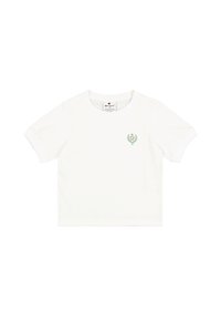 T-shirt bianco a maniche corte in cotone, con un piccolo emblema floreale verde e rosa sul petto. Design classico con scollo rotondo.