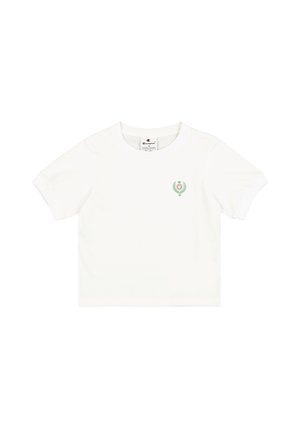T-shirt bianco a maniche corte in cotone, con un piccolo emblema floreale verde e rosa sul petto. Design classico con scollo rotondo.
