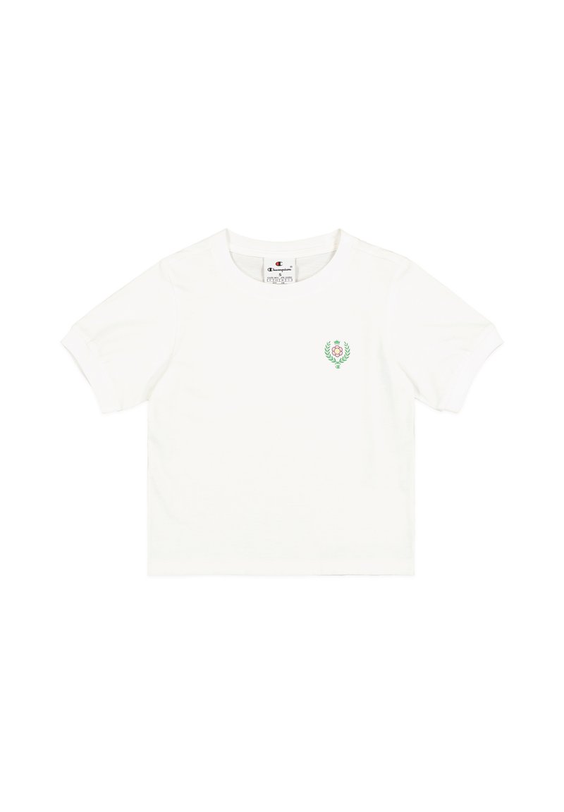 T-shirt bianco a maniche corte in cotone, con un piccolo emblema floreale verde e rosa sul petto. Design classico con scollo rotondo.