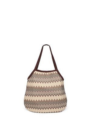 Borsa a tracolla con motivo a zigzag in tonalità crema e marrone. Realizzata in tessuto intrecciato, presenta manici marroni resistenti e una forma spaziosa.