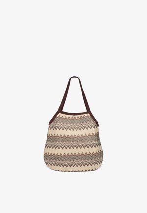 Borsa a tracolla con motivo a zigzag in tonalità crema e marrone. Realizzata in tessuto intrecciato, presenta manici marroni resistenti e una forma spaziosa.