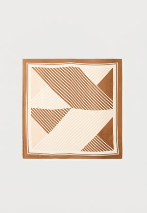 Τετράγωνο μαντήλι με διαγώνια και κάθετα ριγέ μοτίβα σε καφέ, μπεζ και κρεμ αποχρώσεις με μονόχρωμη καφέ περίμετρο.
