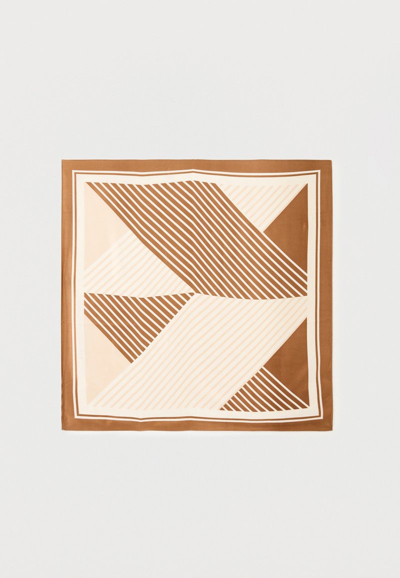 Τετράγωνο μαντήλι με διαγώνια και κάθετα ριγέ μοτίβα σε καφέ, μπεζ και κρεμ αποχρώσεις με μονόχρωμη καφέ περίμετρο.