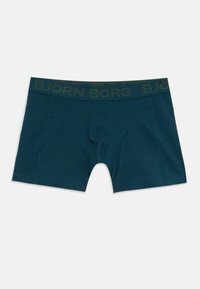 Temno teal moške boksarske hlačke z blagovno znamko elastičnega pasu, ki nosi napis "BJÖRN BORG" v ujemajoči temni barvi.