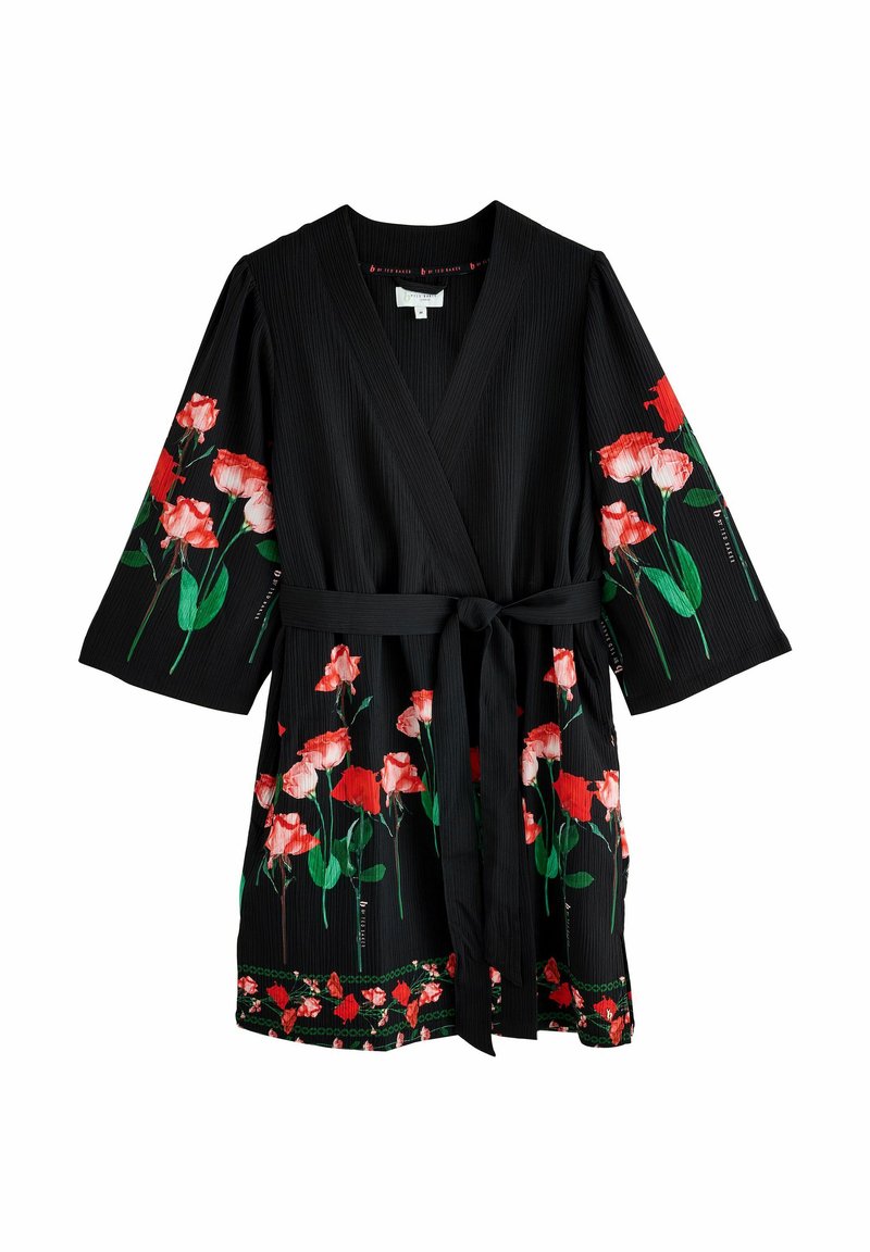 Zwarte bloemen kimono met ribbelstructuur, voorzien van rode en rozen in de kleuren roze op de mouwen en de zoom, vastgemaakt in de taille met een bijpassende riem.