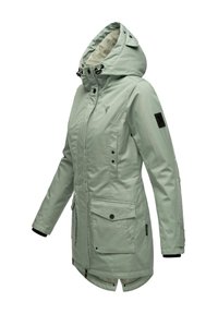 Vodeodolná parka v mentolovo zelenej farbe s vysokým golierom, nastaviteľnou kapucňou, dvoma prednými vreckami, zipsami a logom na rukáve.