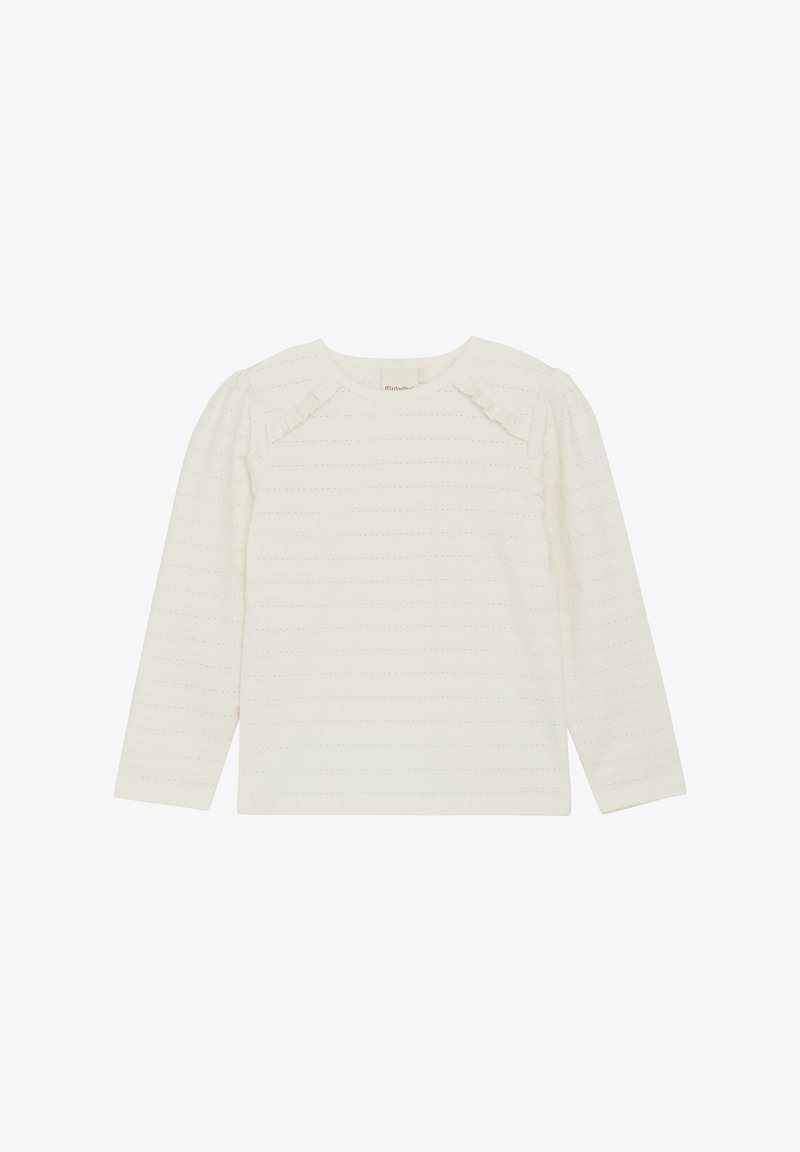 Cremefarvet langærmet top med subtile lodrette striber, der har en rund halsudskæring og flæser på skuldrene. Blødt, tekstureret stof.