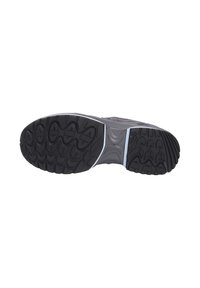 Schwarze Sport-Schuhsohle mit einem strukturierten Gummilaufmuster. Verfügt über geschwungene weiße Akzente entlang der Zwischensohle für zusätzlichen Halt.