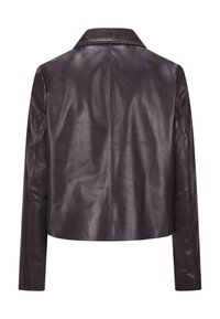 Dunkelbraune Lederjacke mit glatter Textur, breitem Kragen und kurzes Design. Verfügt über einen geraden Rücken und lange Ärmel.