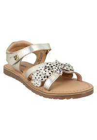 Guldmetal sandaler med prikket faux fur detaljer, justerbare remme og en beige gummisål. Velegnet til afslappet brug.