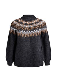 Tamno sivi vuneni pulover s visokim vratom i složenim narančastim, bijelim i crnim geometrijskim uzorkom preko prsnog dijela i ramena, duge rukave.