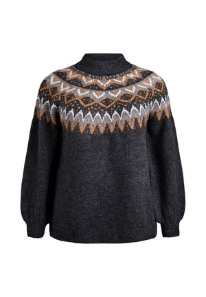 Tumši pelēka vilnas džemperis ar augstu kaklu un sarežģītu oranžu, baltu un melnu ģeometrisku rakstu uz krūšu un pleciem, garām piedurknēm.