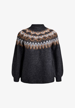 Tumši pelēka vilnas džemperis ar augstu kaklu un sarežģītu oranžu, baltu un melnu ģeometrisku rakstu uz krūšu un pleciem, garām piedurknēm.