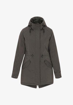 Jachetă parka cu glugă de culoare gri închis, cu șnururi ajustabile la talie, două buzunare frontale cu clapetă și buton, și mâneci lungi cu manșete butonate.