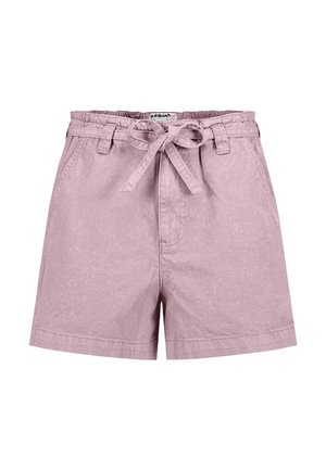 Rosa High-Waist-Baumwollshorts mit einem Stoffgürtel, der zu einer Schleife gebunden ist, Gürtelschlaufen und Seitentaschen, auf weißem Hintergrund dargestellt.