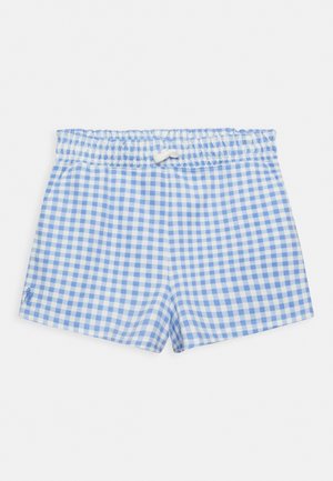 Shorts à carreaux vichy bleu et blanc avec taille élastique, petit nœud à l'avant et logo brodé sur la jambe gauche.