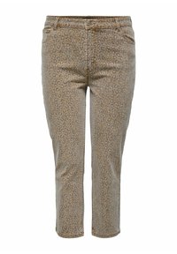 Traperice srednjeg struka s leopard uzorkom, bež podloga i sive mrlje; imaju pet džepova i kopčanje na dugme; kroj ravnih nogavica.