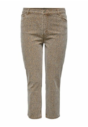 Jeans a vita media con stampa leopardata, base color cammello e macchie grigie; presenta cinque tasche e chiusura con bottone; taglio a gamba dritta.