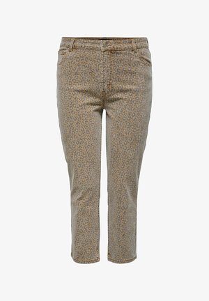 Jeans mit Leopardenmuster, mittlere Leibhöhe, mit beige-grauem Grundton und Flecken; verfügen über fünf Taschen und einen Knopfverschluss; gerade Beinform.