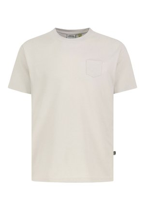 Hellbeiges T-Shirt mit kurzen Ärmeln, rundem Hals und einer kleinen Brusttasche auf der linken Seite.