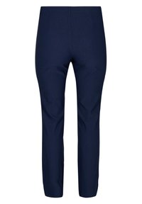 Mörkblå byxor med en slät textur, skräddarsydd passform och rak bendesign. Har en medelhög midja och två bakfickor.