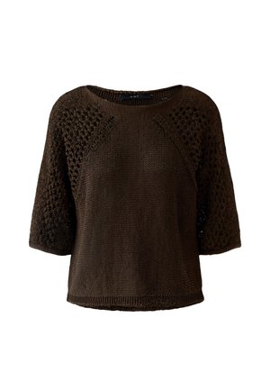 Dark brown knitted short-sleeve sweater with openwork patterns on sleeves and upper chest, round neckline, and loose fit.