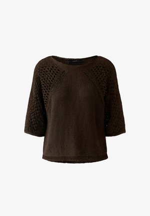 Dark brown knitted short-sleeve sweater with openwork patterns on sleeves and upper chest, round neckline, and loose fit.