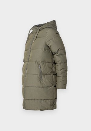 Olivgrön pufferjacka med huva, långa ärmar, framdragkedja och två sidofickor med dragkedja. Texturerad tyg med en slät ytfinish.