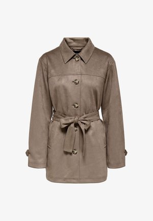 Brown suede jacket with a collar, front buttons, and a belted waist. Features two side pockets and rolled cuffs. Soft texture, casual design.