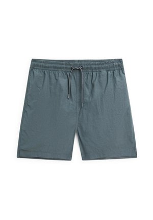 Costume da bagno grigio, leggero, con vita elastica, cordoncino regolabile, tasche laterali e una finitura liscia e texturizzata.