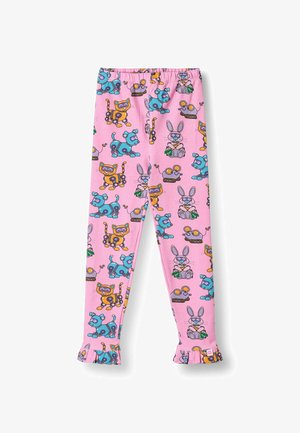 Pink leggings made from soft fabric, featuring a playful pattern of cartoon animals in various colors with ruffled cuffs at the ankles.