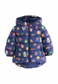 Giacca per bambini imbottita, blu con motivi colorati di animali e fiori, con cappuccio, zip frontale, polsini a coste e morbida fodera interna.