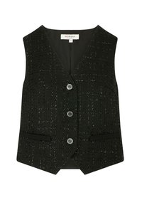 Gilet senza maniche nero textured con scollo a V, tre bottoni argento e due tasche a welt sul davanti, taglia 36 della marca Morgan.