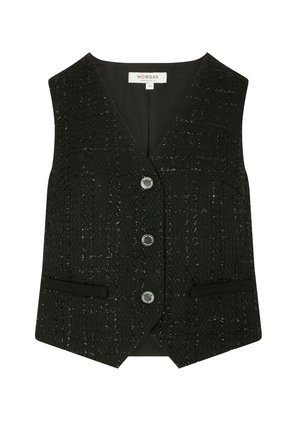 Chaleco negro sin mangas con textura, escote en V, tres botones plateados y dos bolsillos frontales de ojal, talla 36 de la marca Morgan.