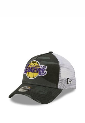 Los Angeles Lakers cap with black camo front panels, white mesh back, embroidered team logo, and a curved brim with a New Era sticker.