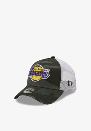 Los Angeles Lakers cap with black camo front panels, white mesh back, embroidered team logo, and a curved brim with a New Era sticker.