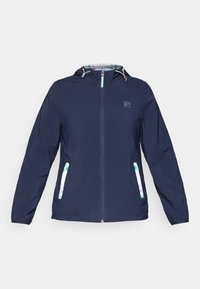 Navy blue hooded jacket with front zipper, elastic cuffs, and two side pockets featuring white and green plaid accents.