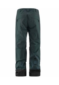 Pantaloni da esterno impermeabili di colore verde scuro, con finitura testurizzata, polsini neri rinforzati, tasche posteriori e dettaglio del logo sulla parte bassa della gamba.
